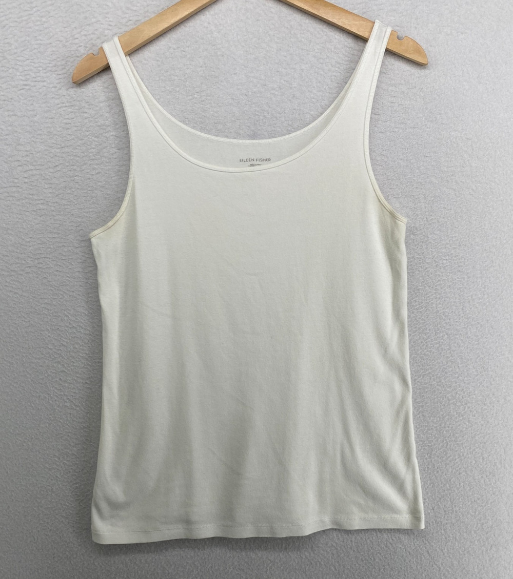 EILEEN FISHER Tank Top L Organic Cotton Ribbed Jersey Cami Slim Scoop Neck White - Picture 1 of 11